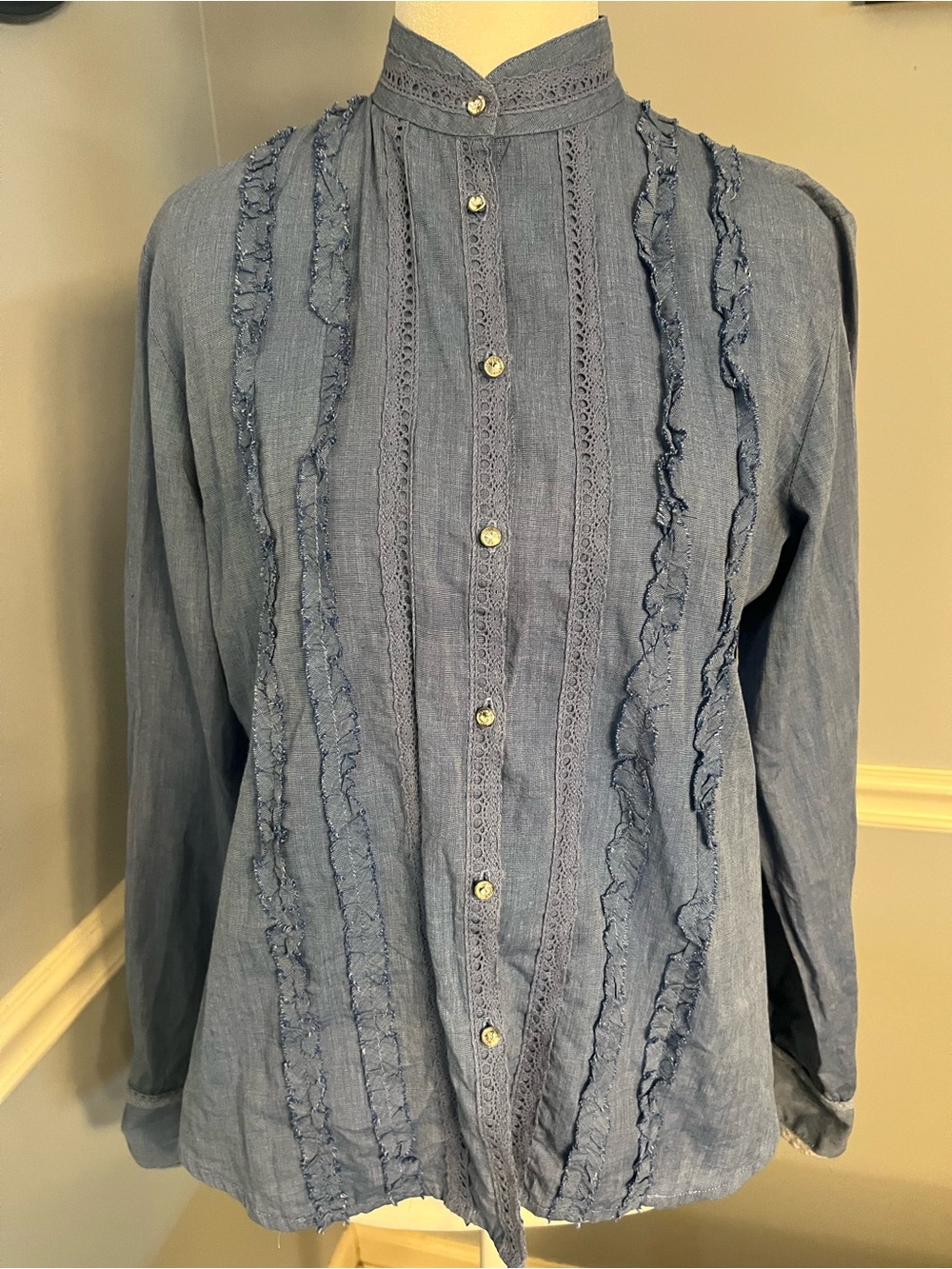Adolfo Blue Ruffled Button-Front Blouse